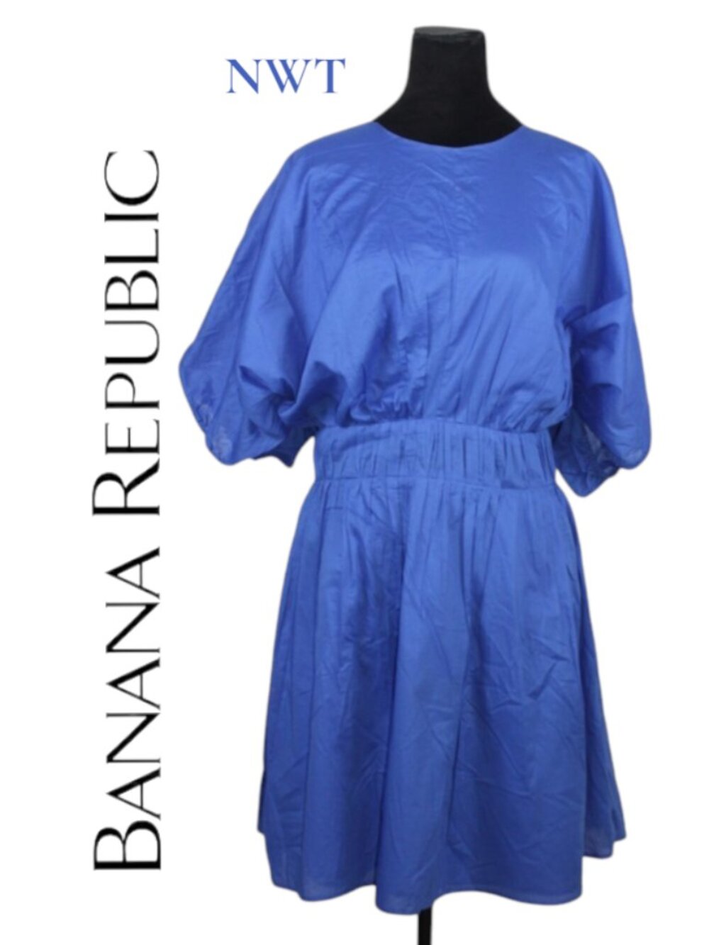 NWT Banana Republic Royal Blue Dress with Puffy Sleeves & Gathered Waist XLT